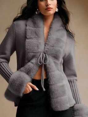 Dark Grey Casual Women's Elegant Fox Fur Knit Cardigan Sweater